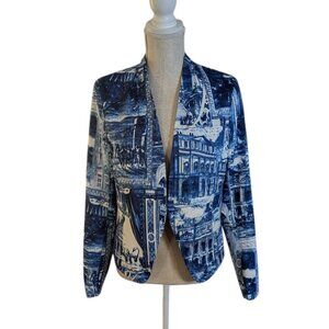 OVI Womens Sz Large Blue Open Front Blazer Jacket Architecture Print